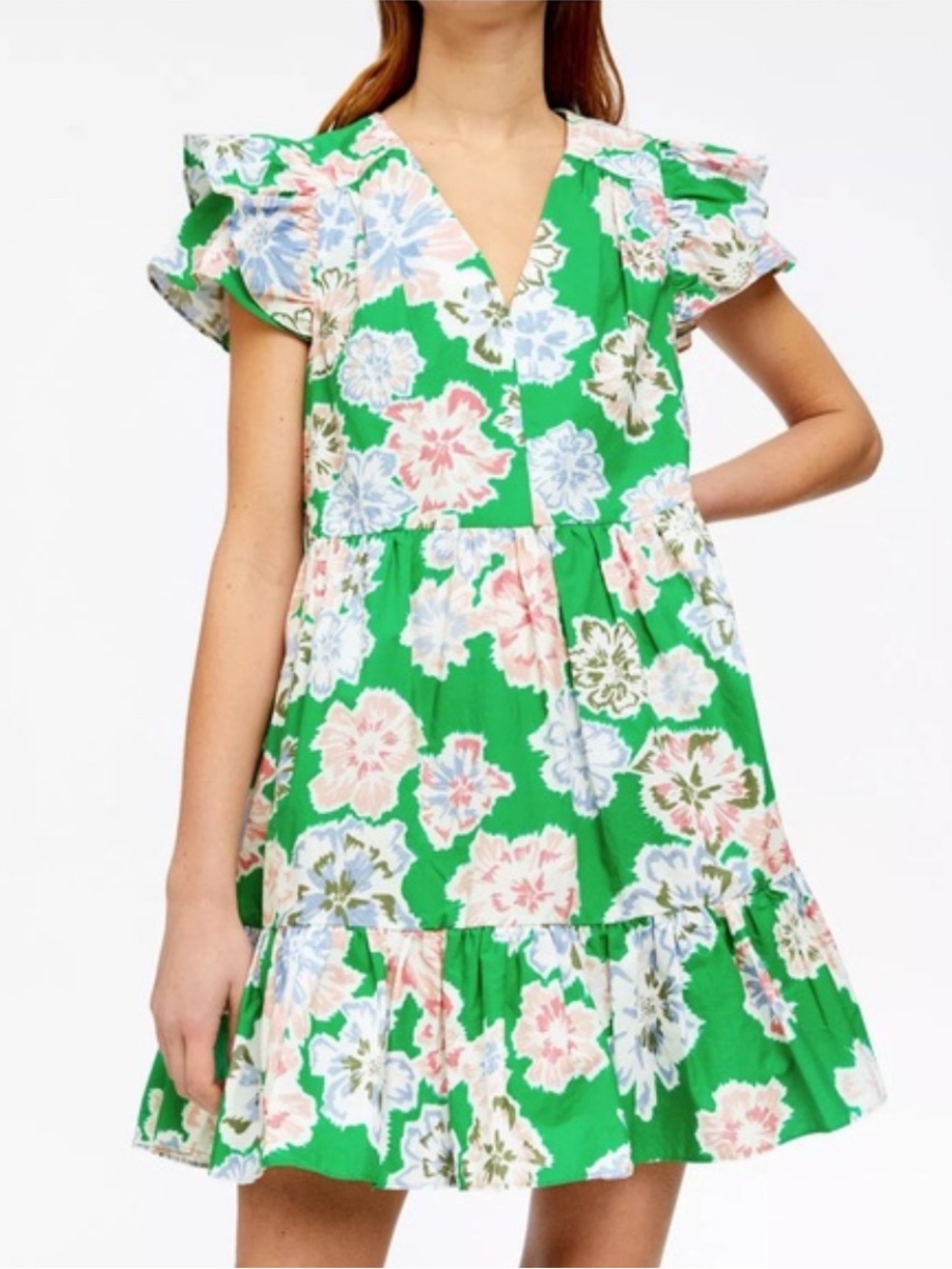 Tanya Taylor Green Floral V-Neck Mini Dress with Pastel Blooms